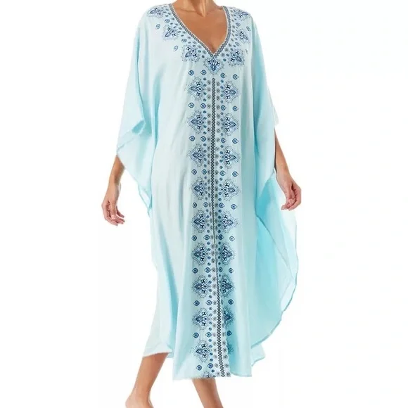Baby Blue Embroidered Cotton Kaftan Kimono Maxi Dress, Light Blue Maxi Caftan - Picture 2 of 5